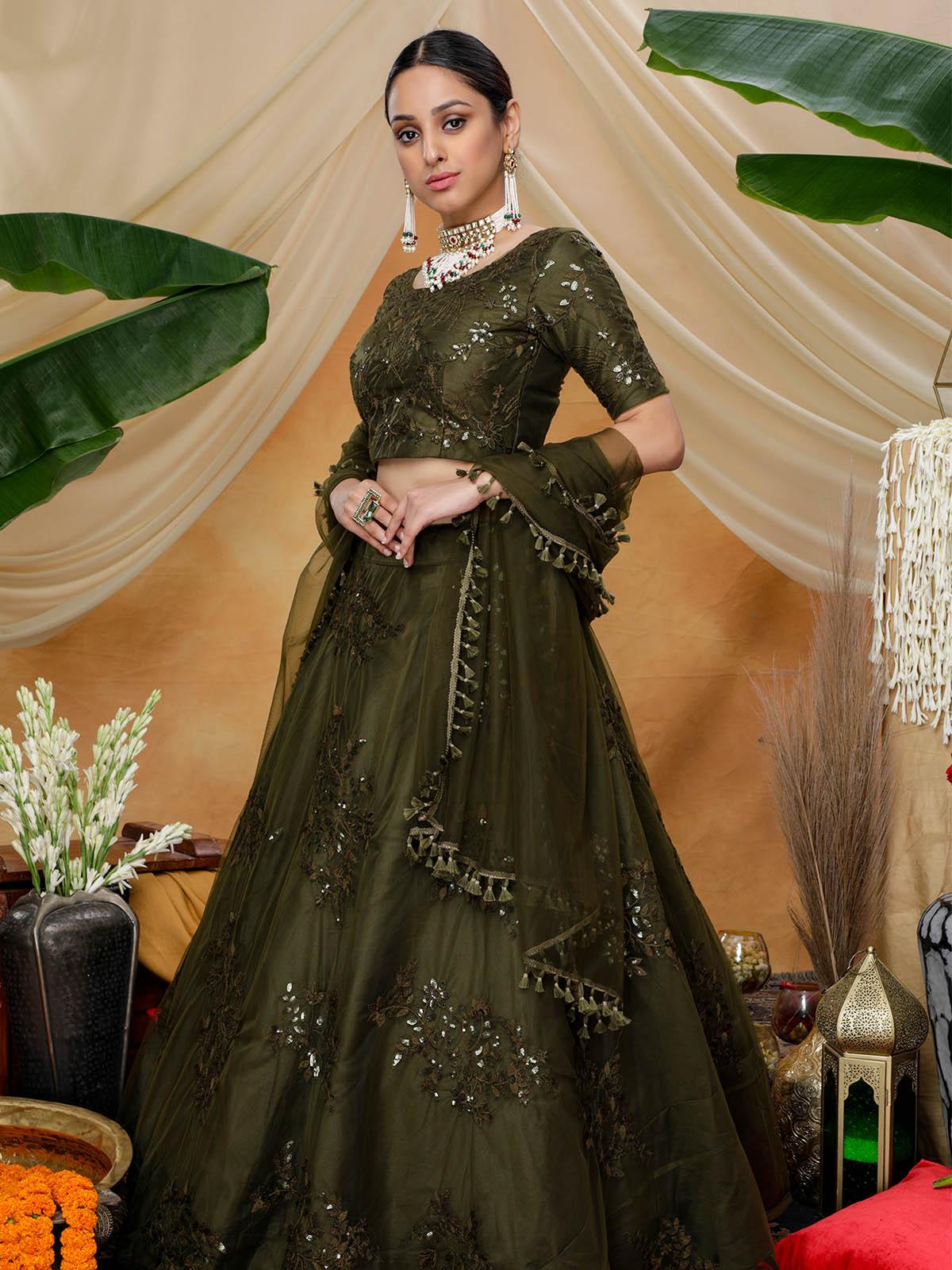 Odette Women Olive Sequins Net Semi Stitched Lehenga With Unstitched Blouse - Image 3