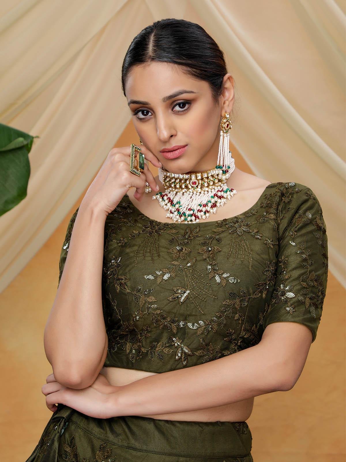 Odette Women Olive Sequins Net Semi Stitched Lehenga With Unstitched Blouse - Image 4