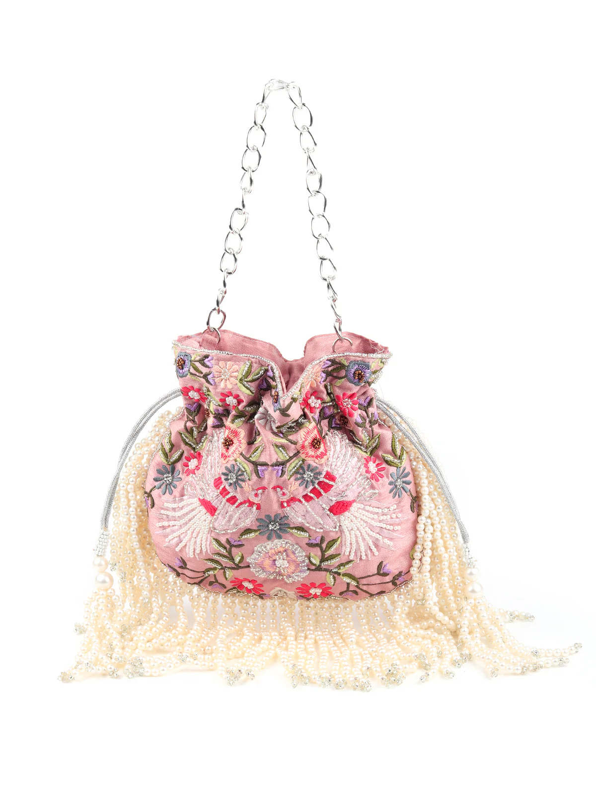 Odette Women Pink Embellished Beaded-Embroidered Pearly Potli Bag - Image 3
