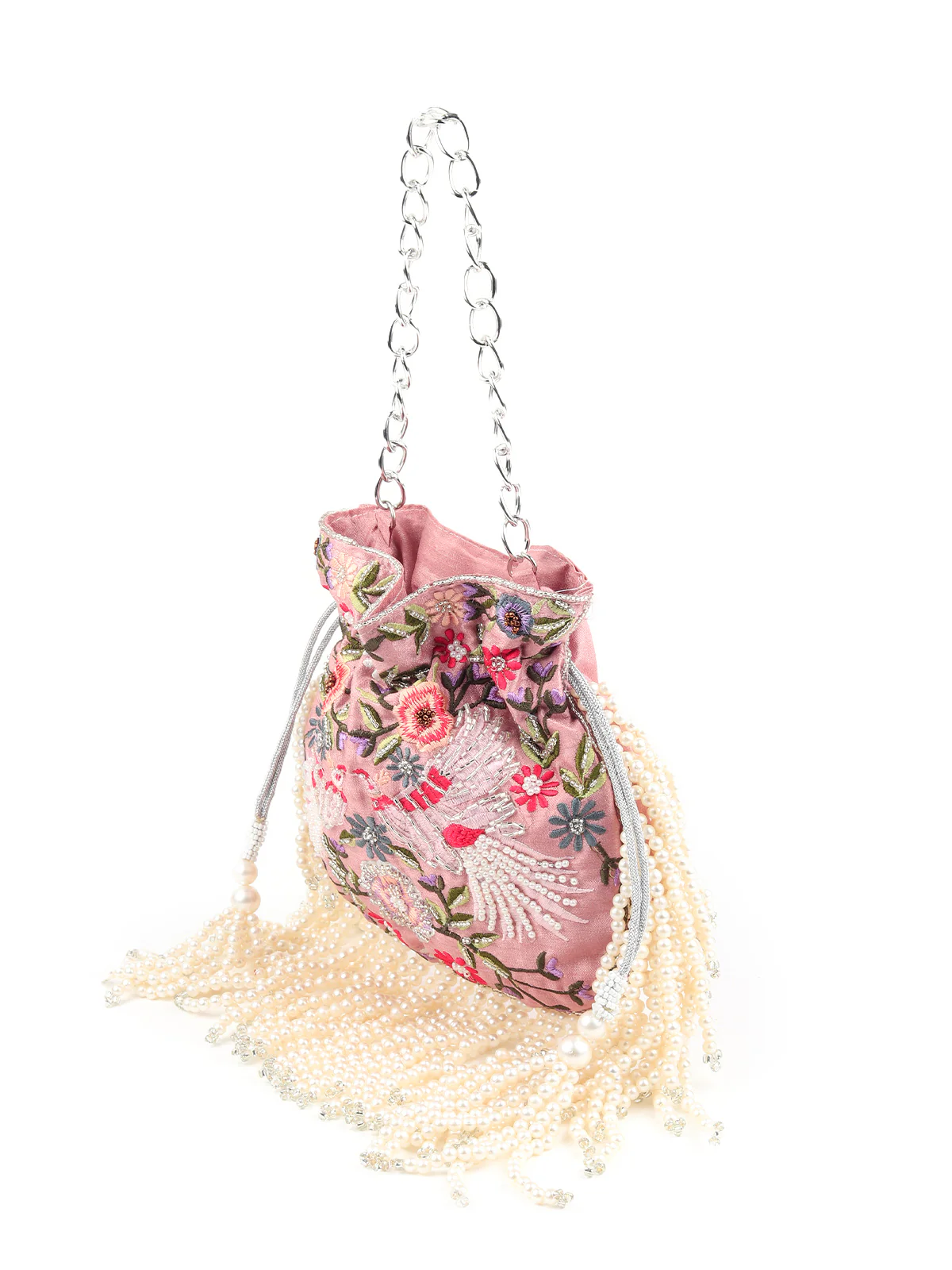 Odette Women Pink Embellished Beaded-Embroidered Pearly Potli Bag - Image 4