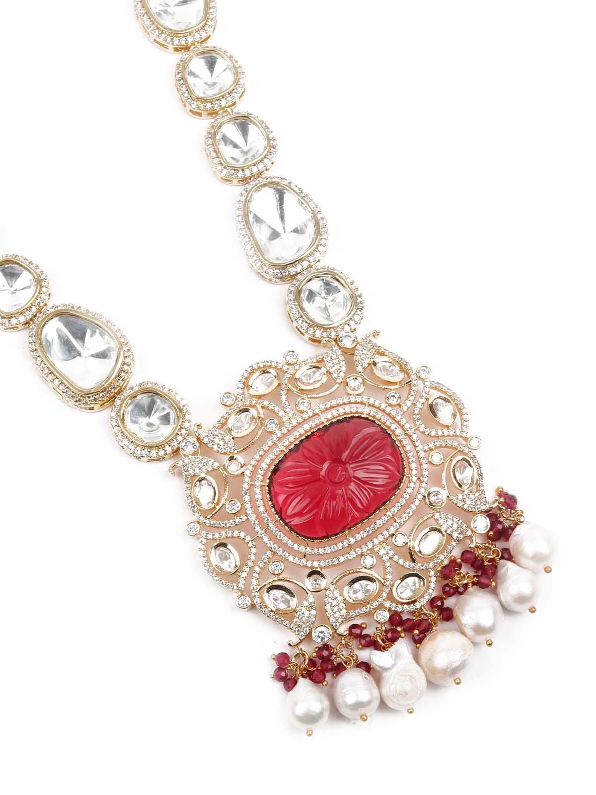 Odette Women Opulant Red And White Embellished Long Necklace Set - Image 5