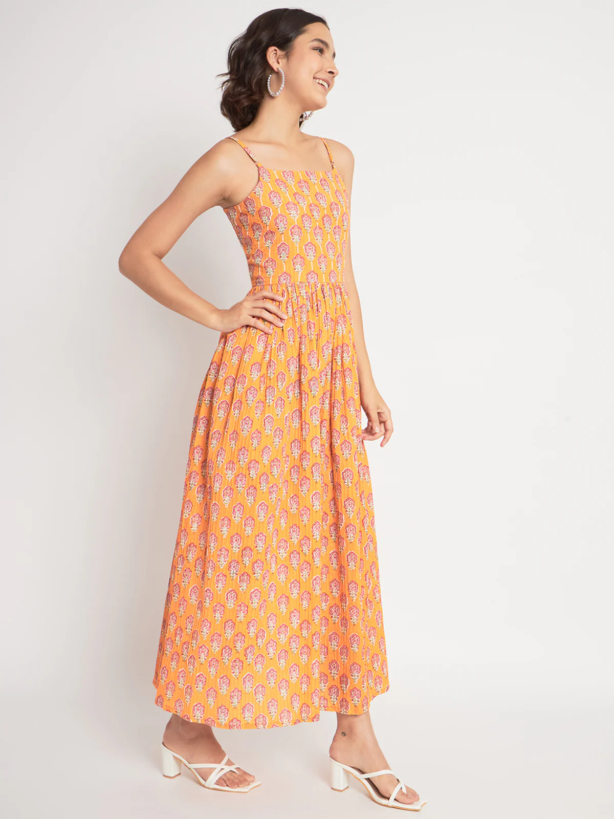 Odette Women Orange Cotton Embroidered Indo Western Dress - Image 4