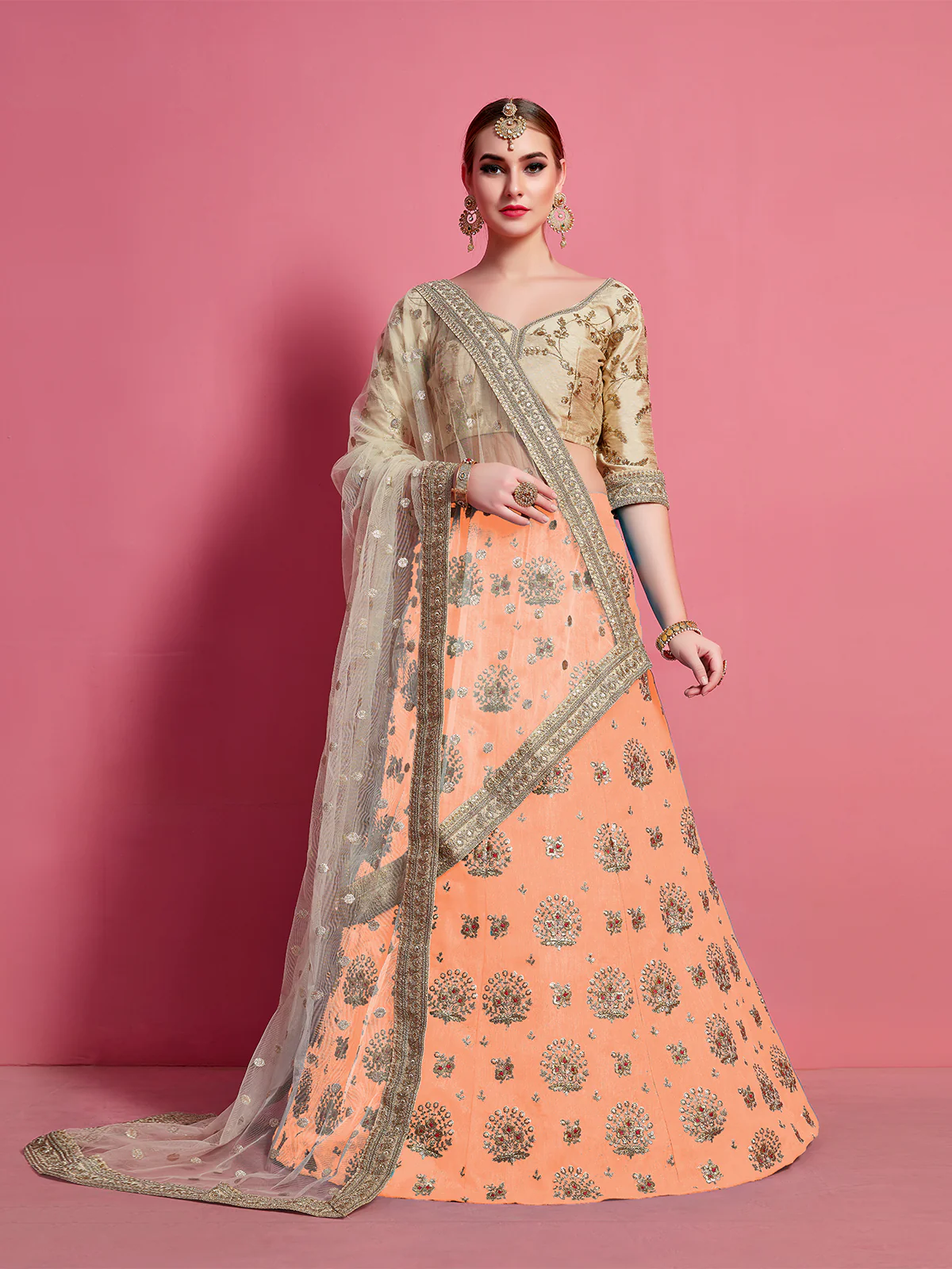 Odette Women Orange Embroidered Semi Stitched Lehenga With Unstitched Blouse - Image 2