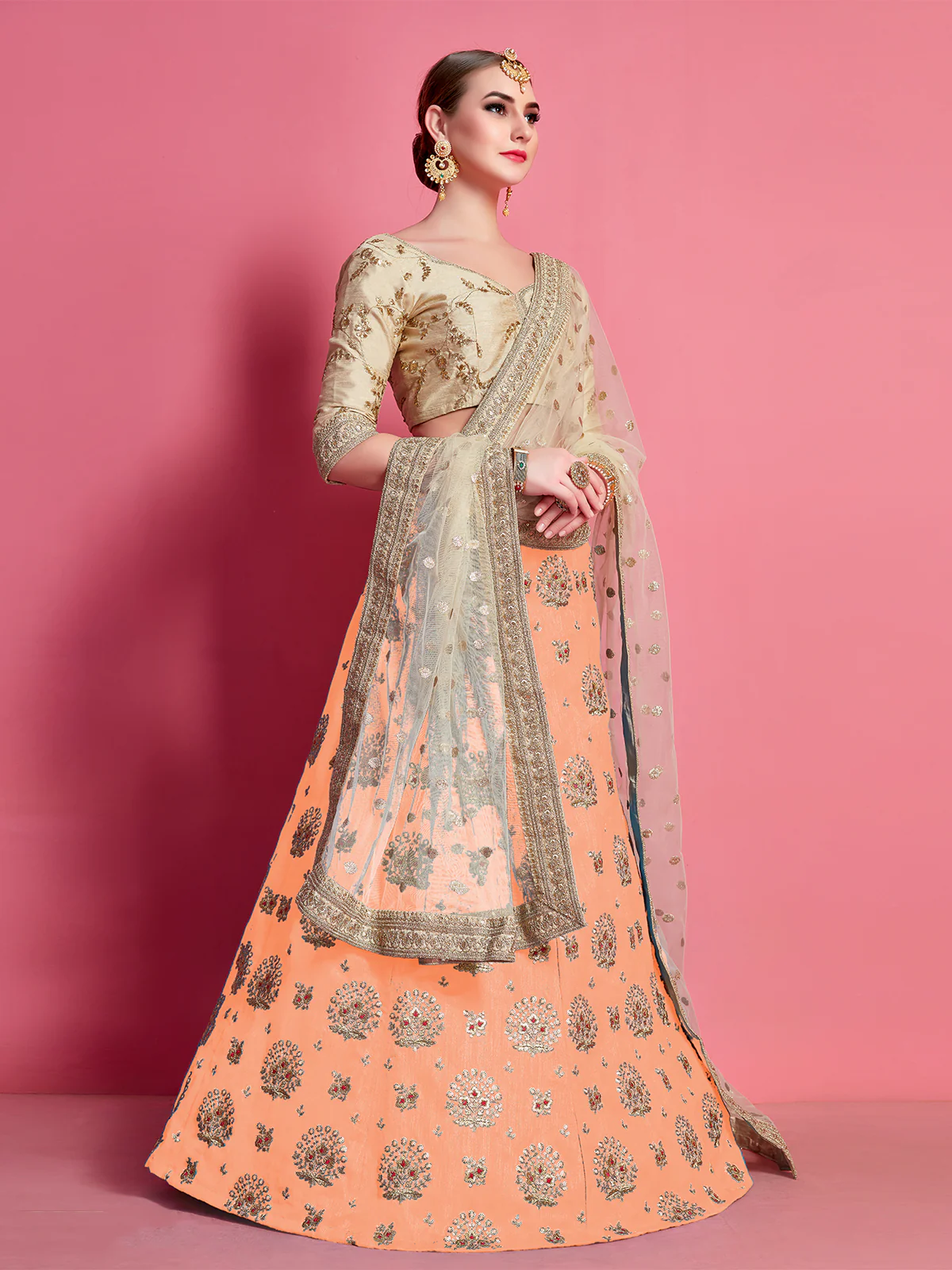 Odette Women Orange Embroidered Semi Stitched Lehenga With Unstitched Blouse - Image 3
