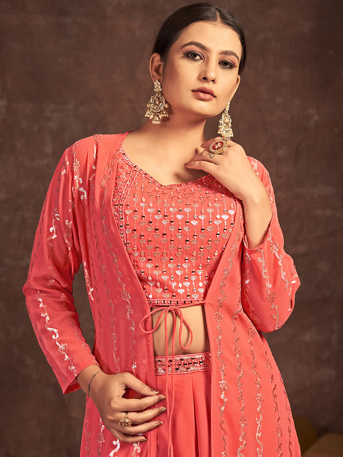 Odette Women Orange Georgette Sequins Indo Western Dress - Image 2