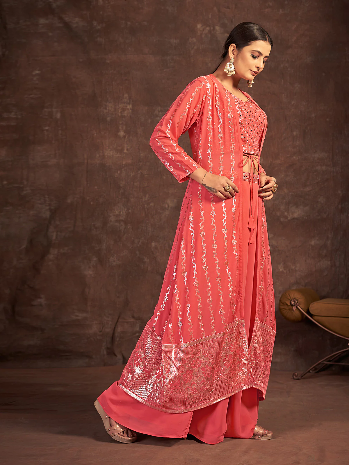 Odette Women Orange Georgette Sequins Indo Western Dress - Image 3