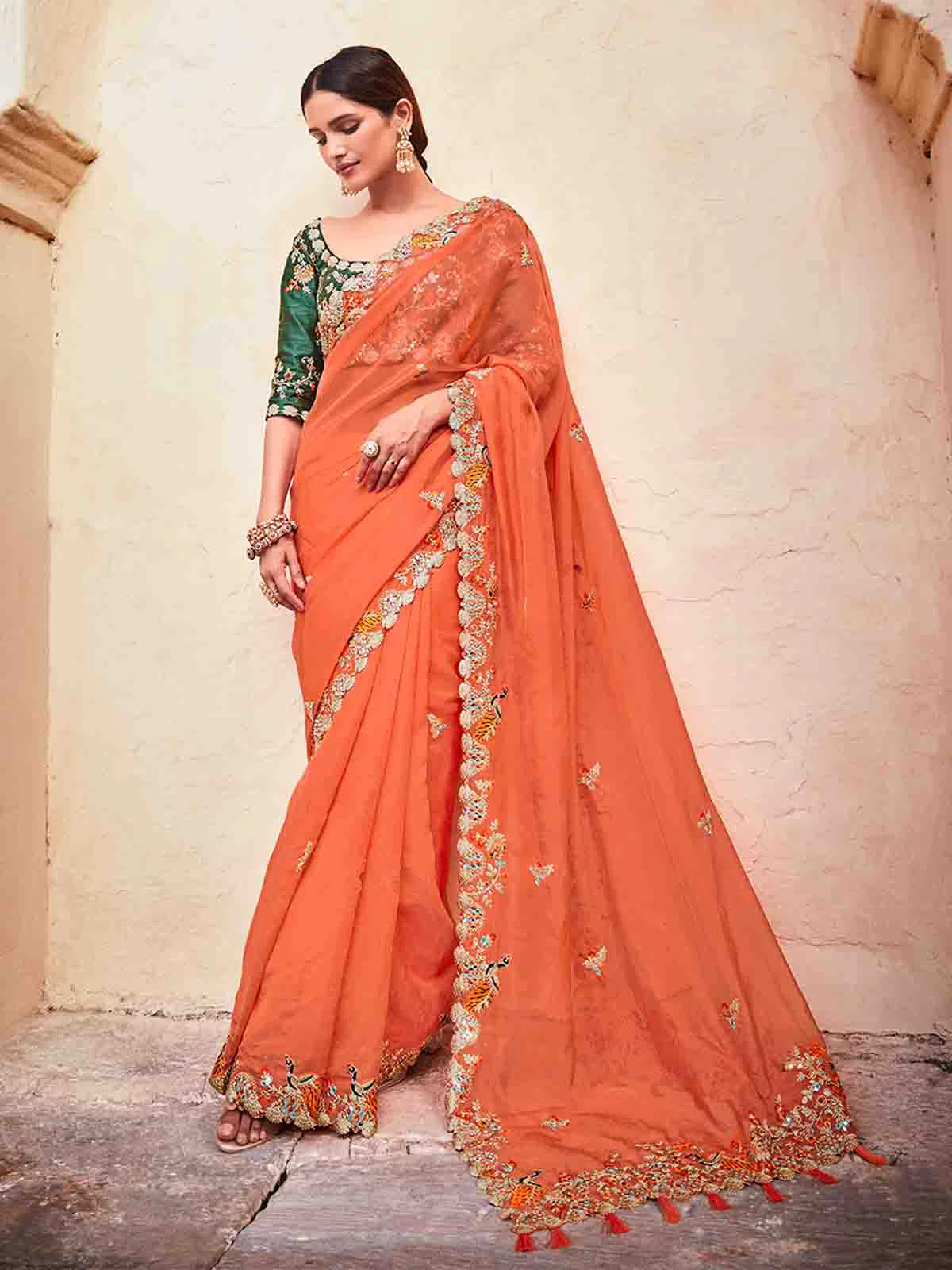 Odette Women Orange Organza Embroidered Saree With Unstitched Blouse
