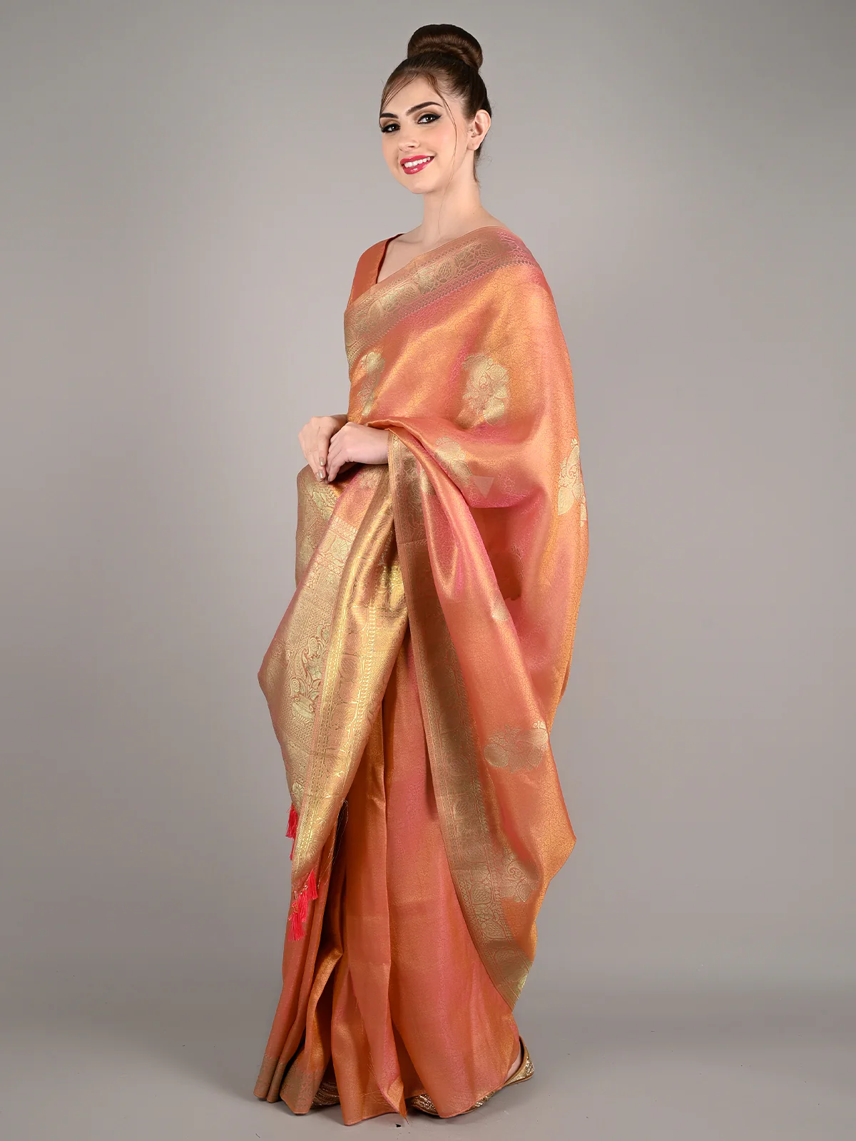Odette Women Orange Satin Nylon Woven Saree With Unstitched Blouse