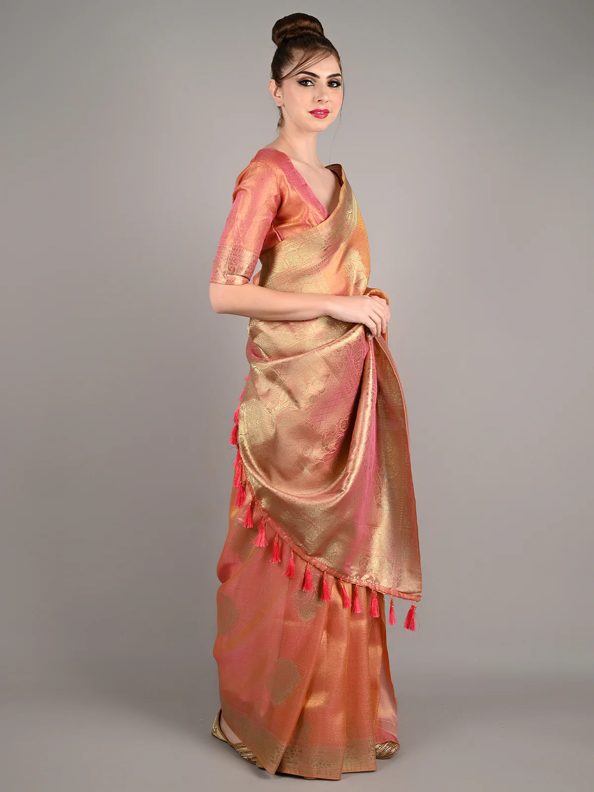 Odette Women Orange Satin Nylon Woven Saree With Unstitched Blouse - Image 2