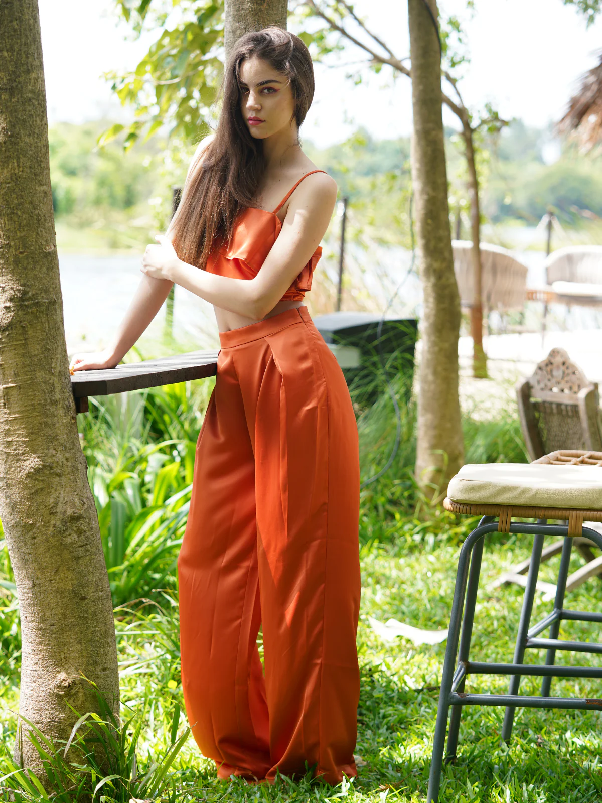 Odette Women Orange Satin Solid Co-Ord Stitched Set - Image 4