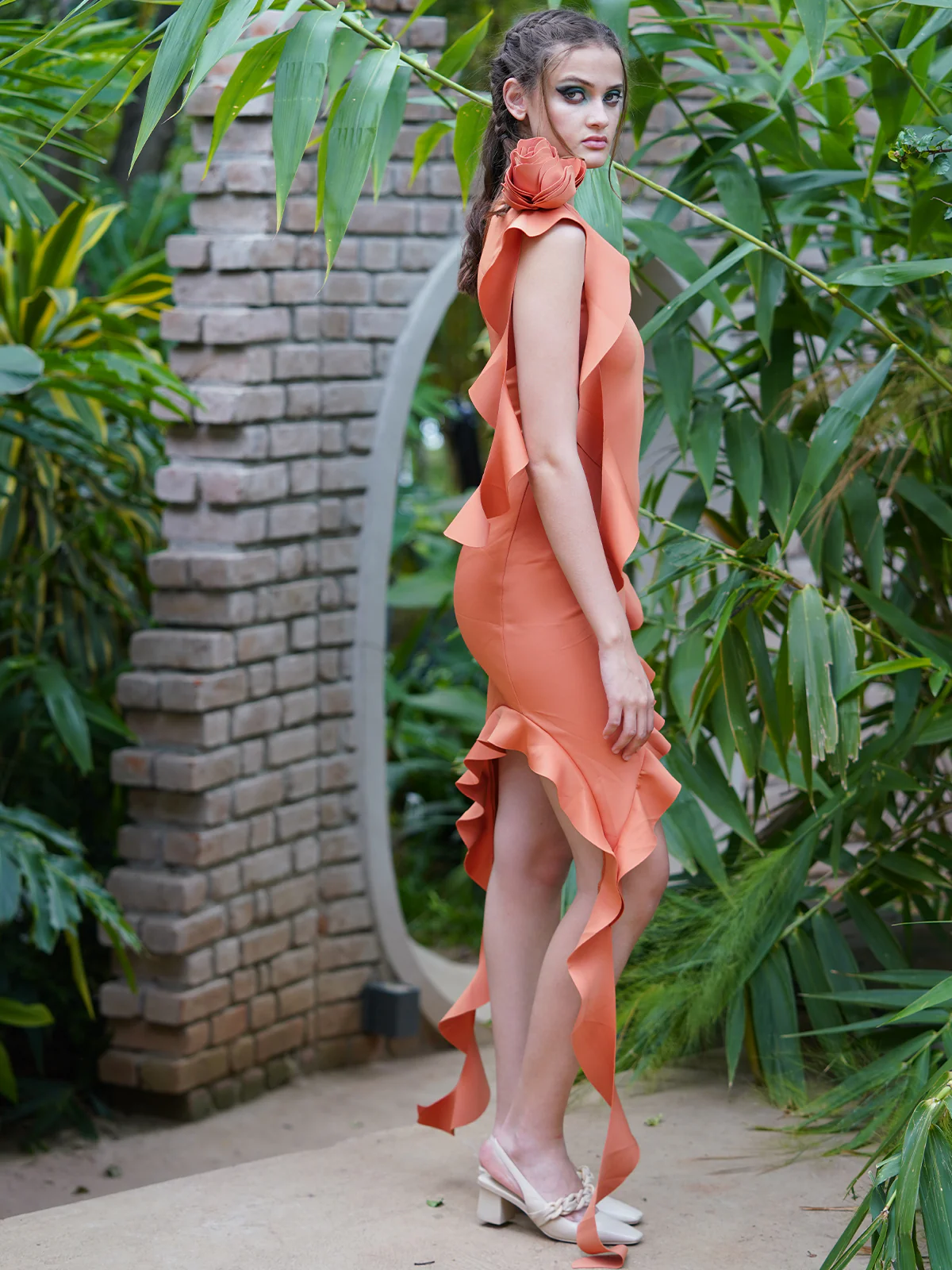 Odette Women Orange Scuba Polyester Fitted Solid Dress - Image 3