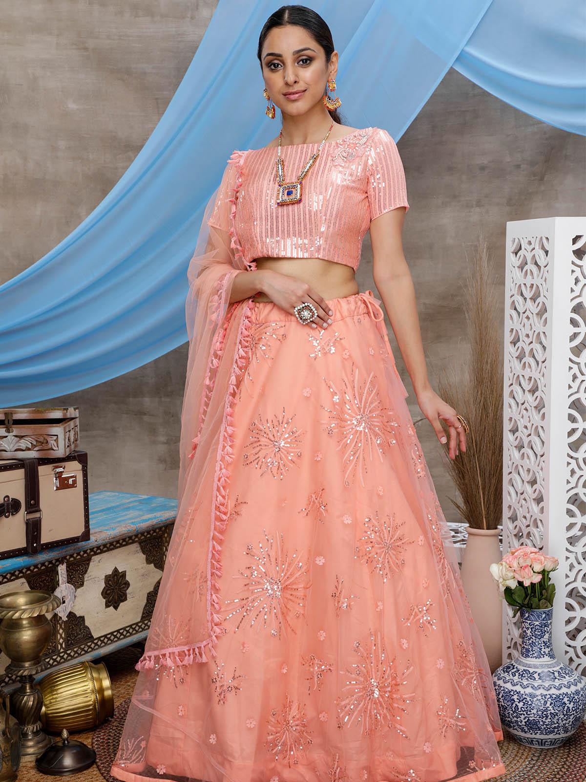 Odette Women Orange Sequins Net Semi Stitched Lehenga With Unstitched Blouse