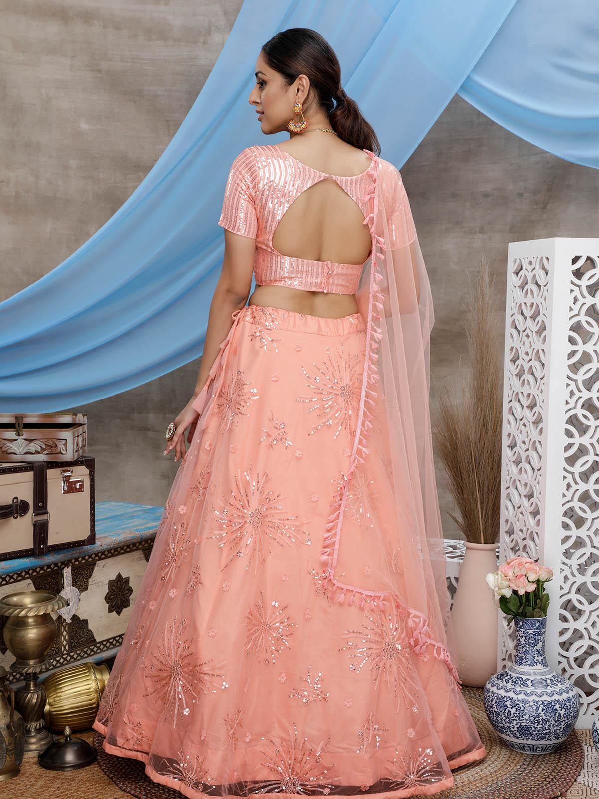 Odette Women Orange Sequins Net Semi Stitched Lehenga With Unstitched Blouse - Image 2
