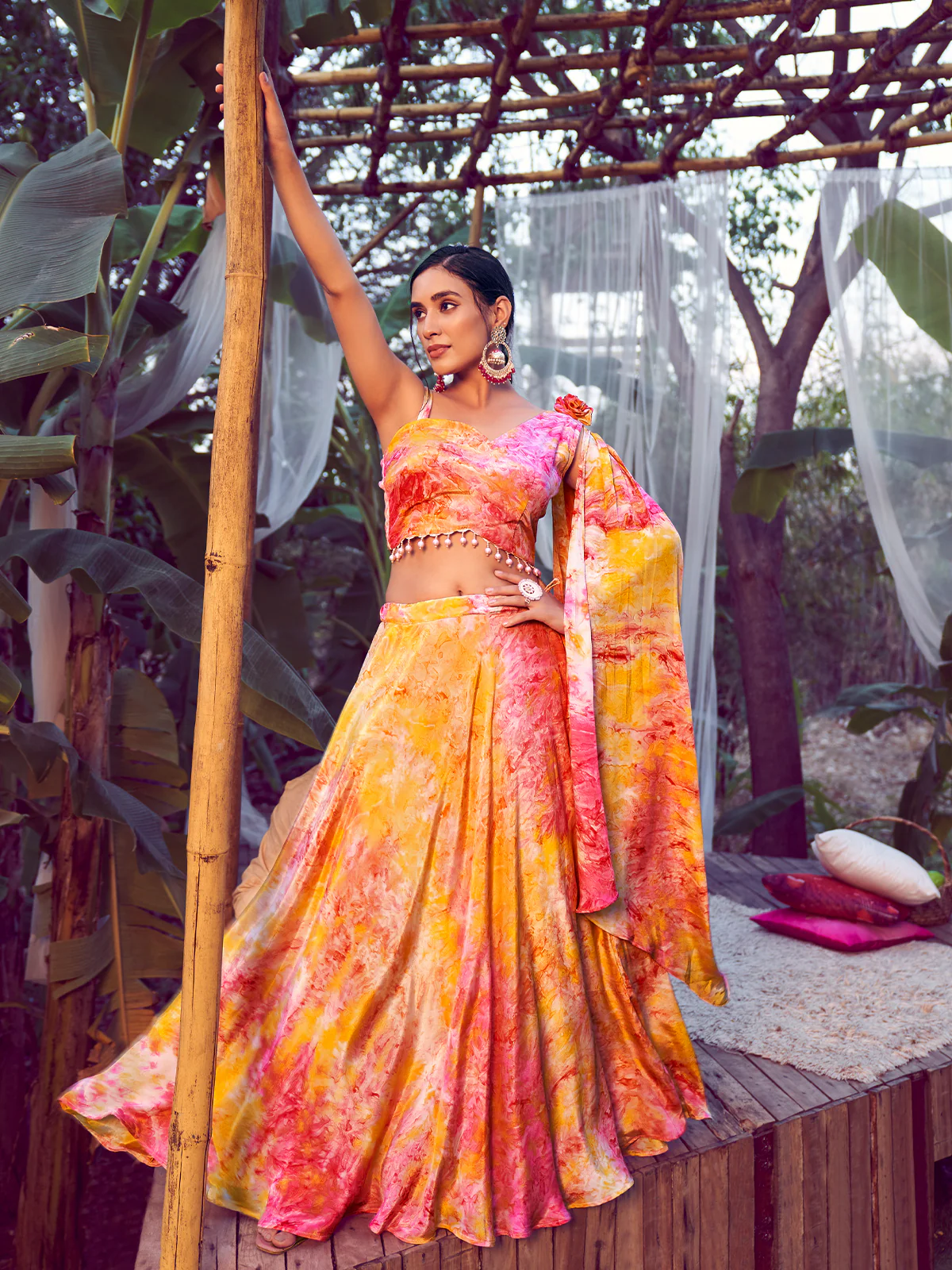 Odette Women Orange Silk Blend Stitched Lehenga Choli