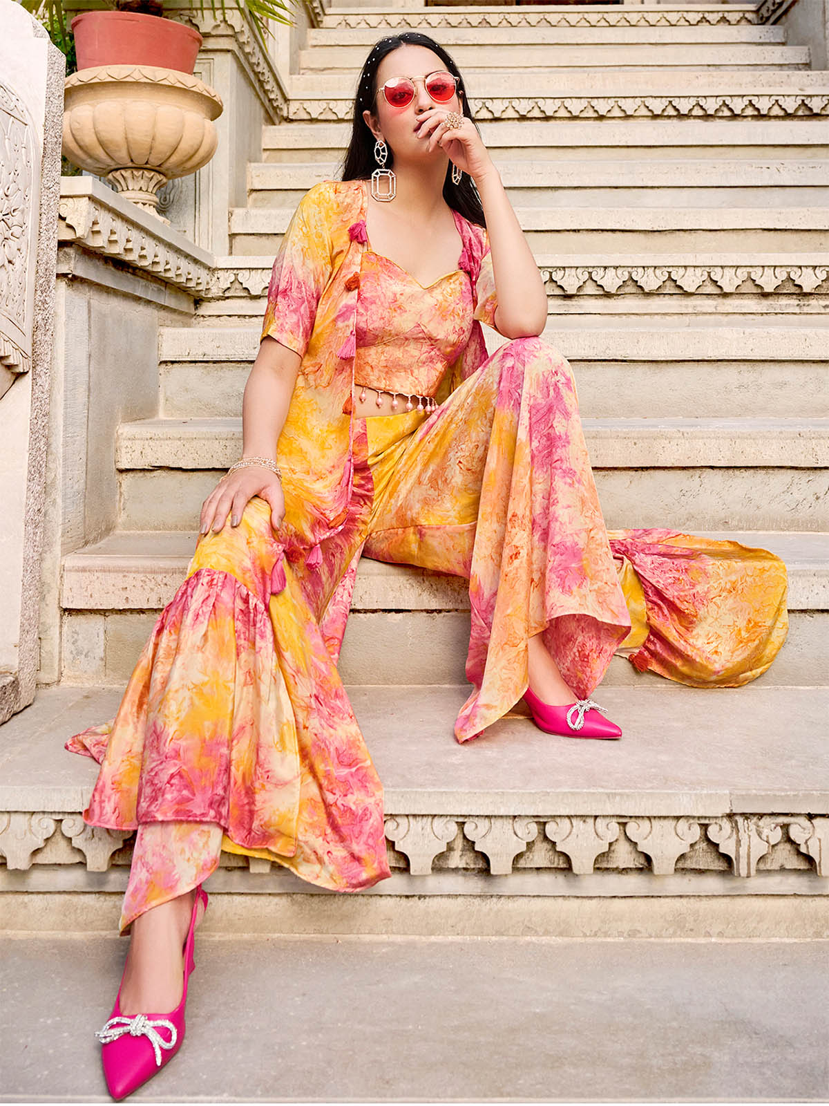 Odette Women Orange Silk Blend Printed Indo Western Set