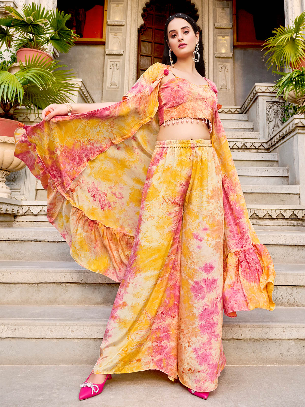 Odette Women Orange Silk Blend Printed Indo Western Set - Image 2