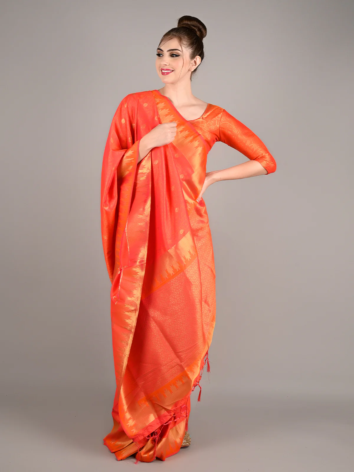 Odette Women Orange Silk Woven Saree With Unstitched Blouse