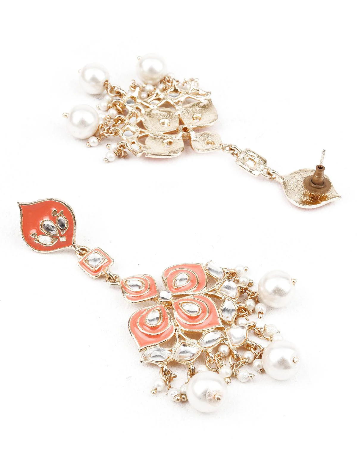 Odette Women Ornate Peach And Gold Dangler Earrings - Image 3