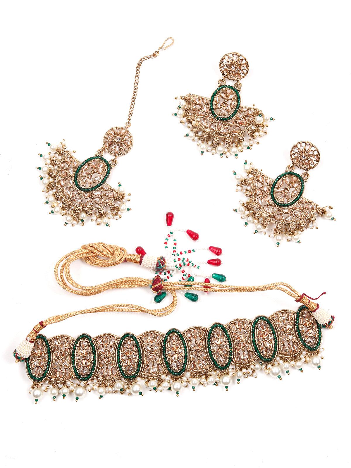 Odette Women Oval Shape Rich Gold Tone Green Choker Set - Image 3