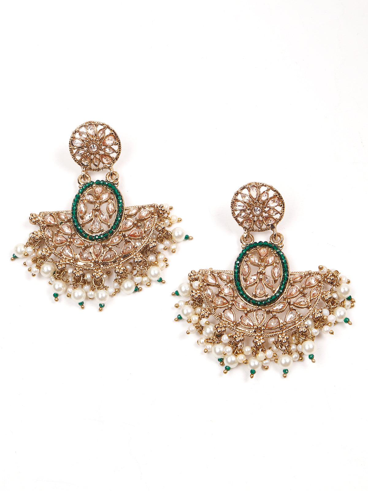 Odette Women Oval Shape Rich Gold Tone Green Choker Set - Image 5