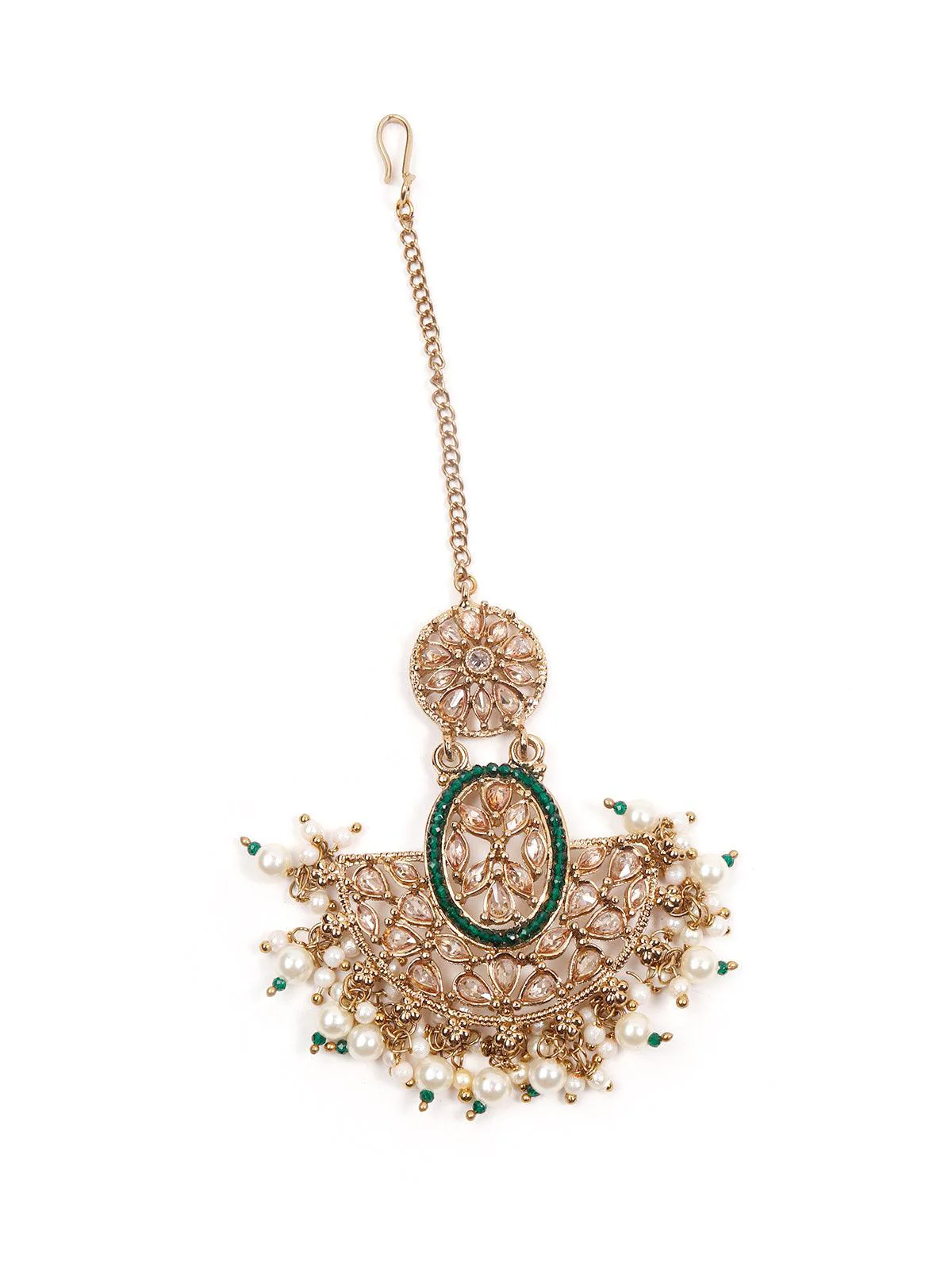 Odette Women Oval Shape Rich Gold Tone Green Choker Set - Image 6