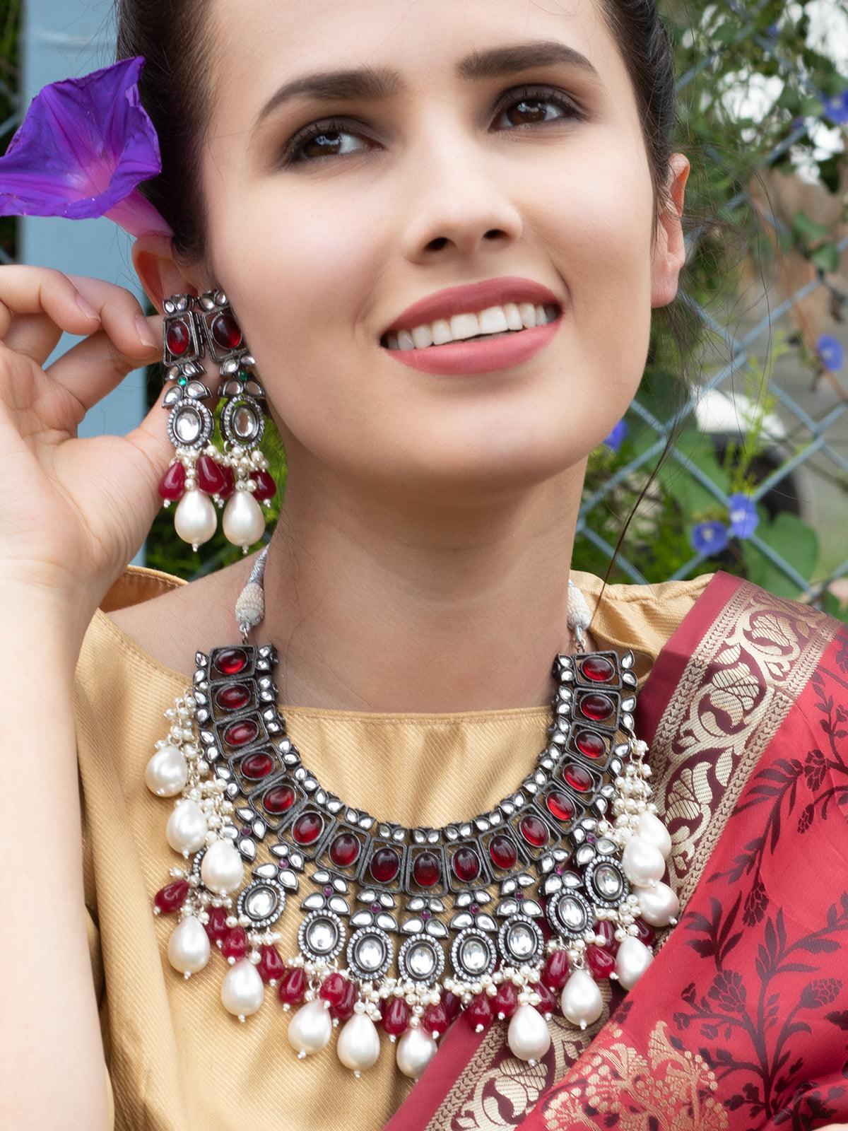 Odette Women Red Metal Necklace With Earrings.