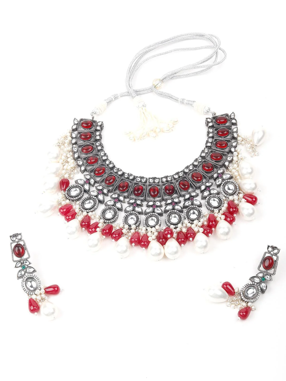 Odette Women Red Metal Necklace With Earrings. - Image 3