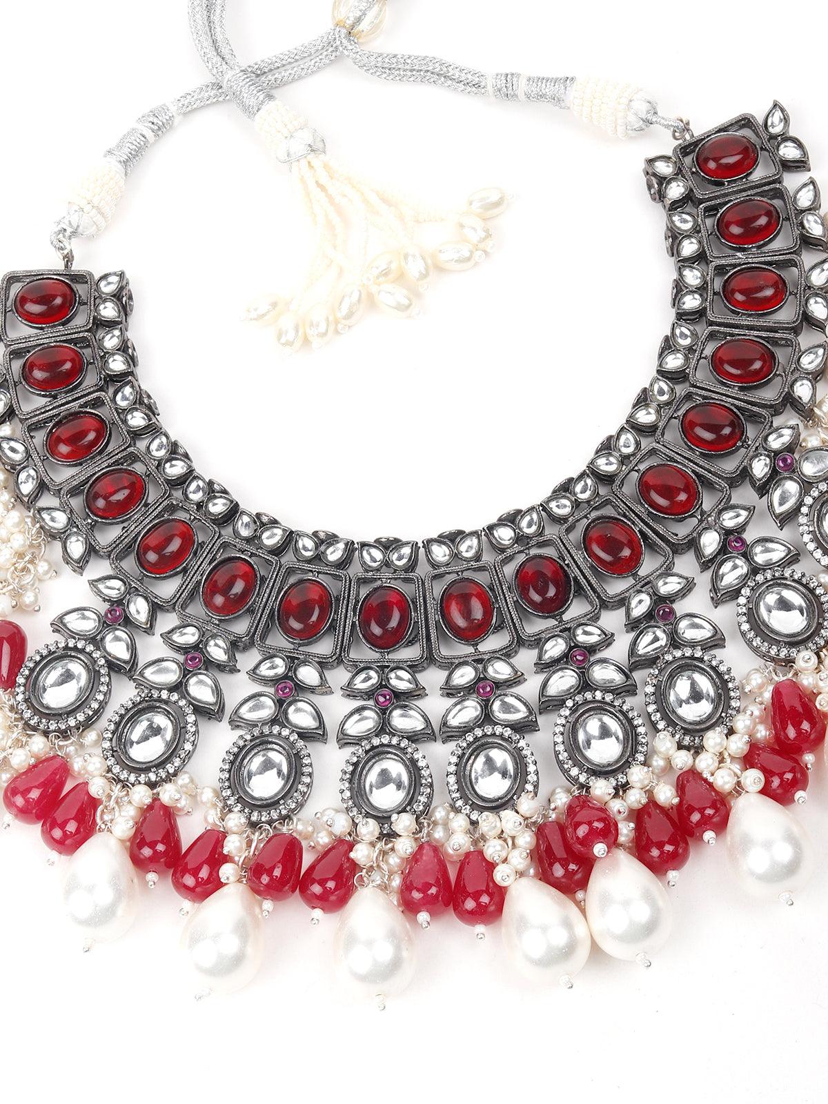 Odette Women Red Metal Necklace With Earrings. - Image 4