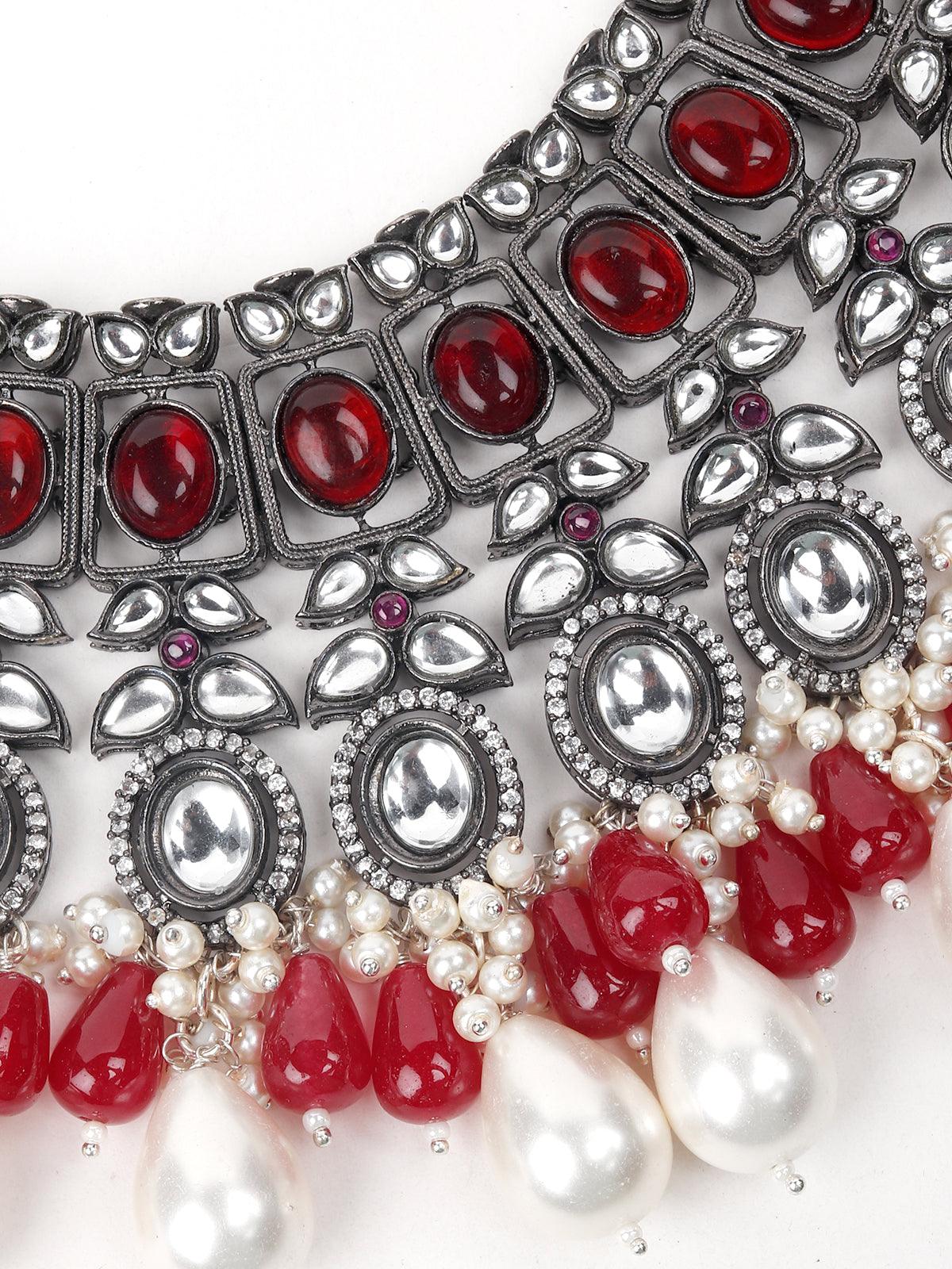 Odette Women Red Metal Necklace With Earrings. - Image 5