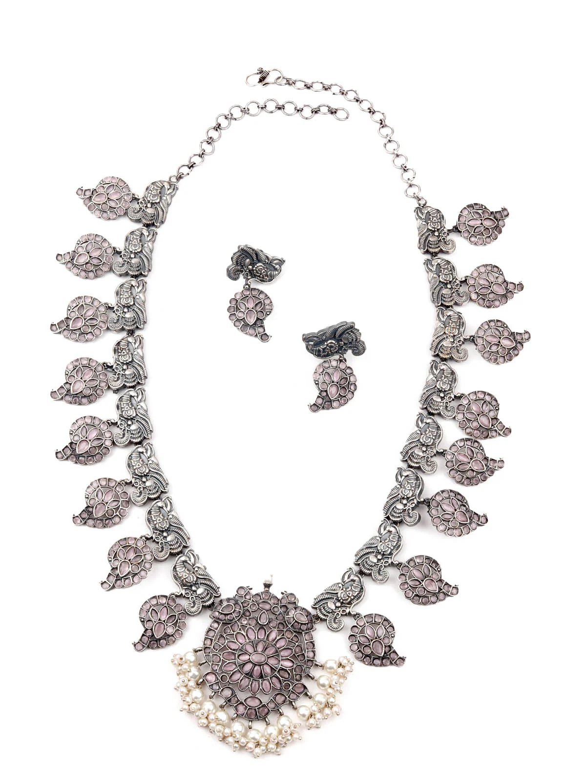 Odette Women Oxidised Silver Stone Studded Long Necklace Set - Image 3