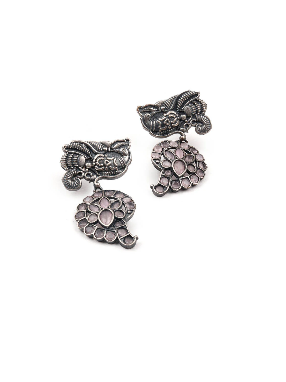 Odette Women Oxidised Silver Stone Studded Long Necklace Set - Image 6