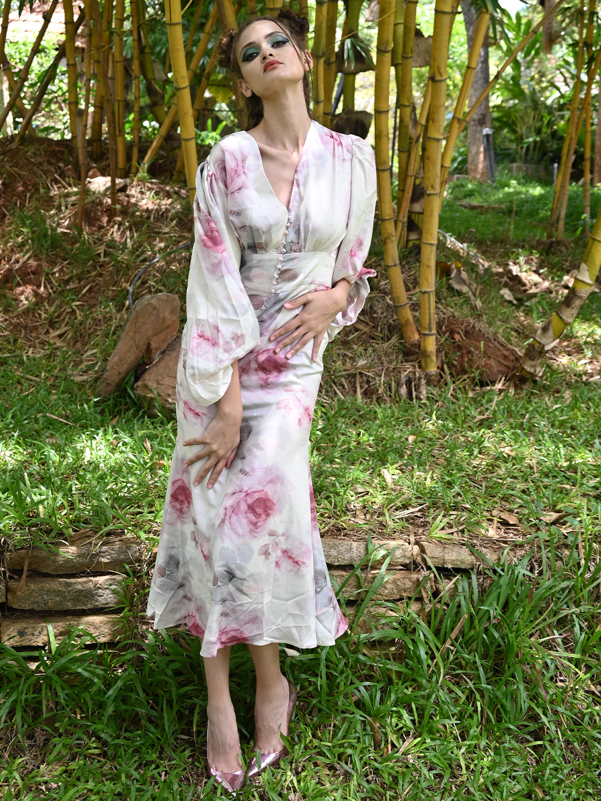 Odette Women Pink Party Wear A-Line Printed Satin Dress - Image 2