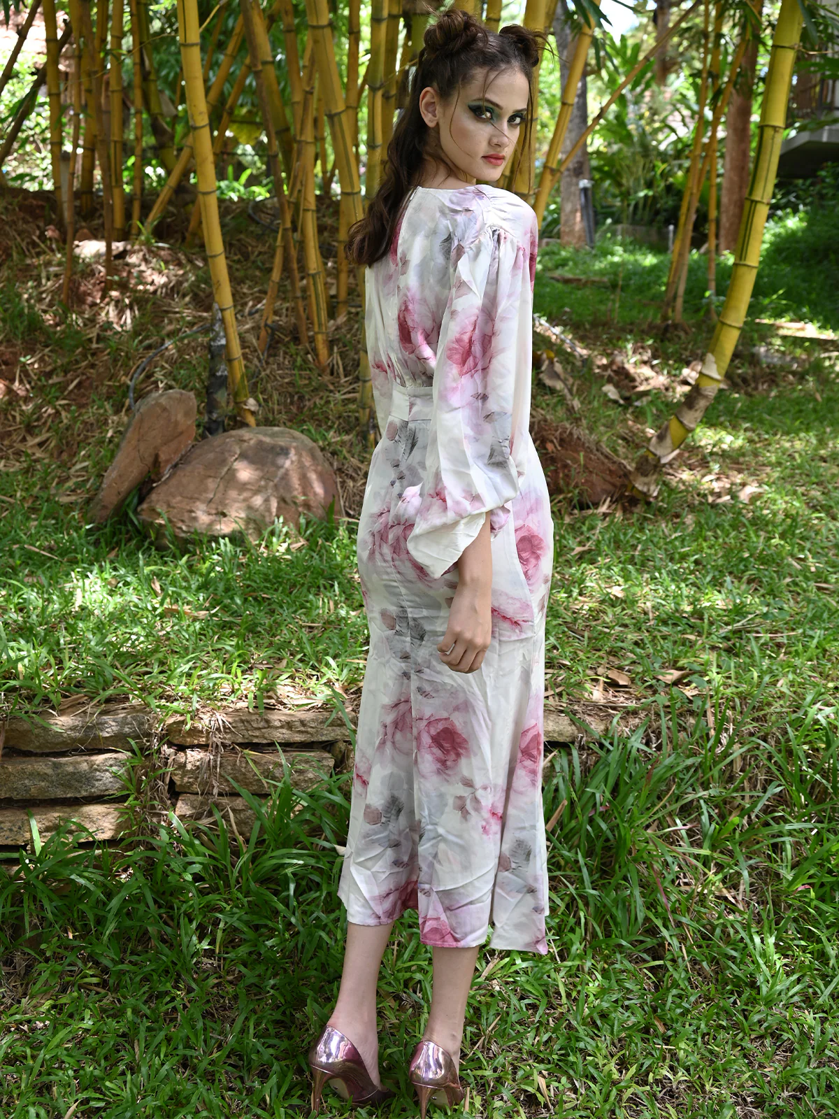 Odette Women Pink Party Wear A-Line Printed Satin Dress - Image 4