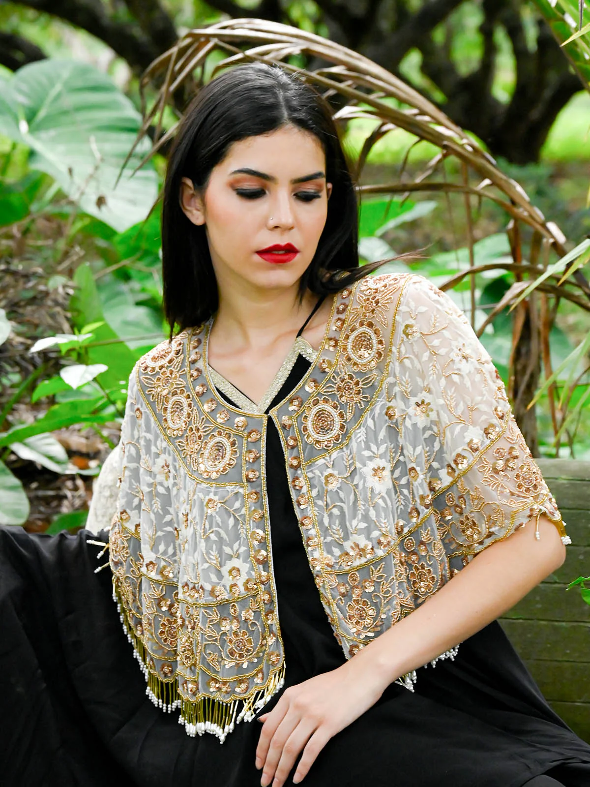 Odette Women Gold And White Embellished Cape - Image 2