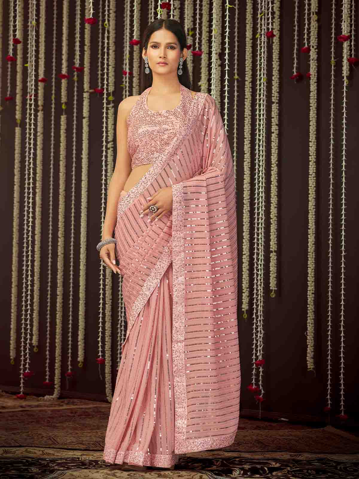 Odette Women Pink Art Silk Embroidered Saree With Unstitched Blouse