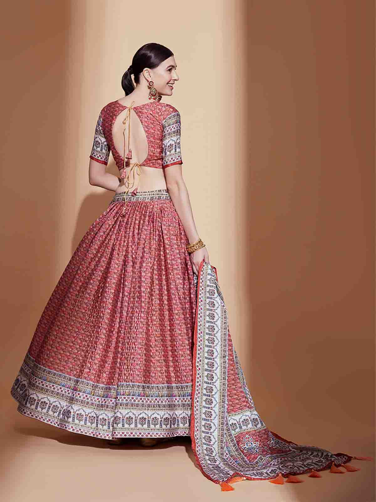 Odette Women Peach Chinon Semi Stitched Lehenga With Unstitched Blouse - Image 3