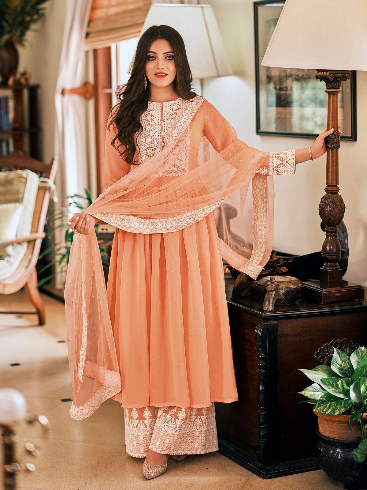 Odette Women Peach Color Georgette Plazzo Semi Stitched Suit