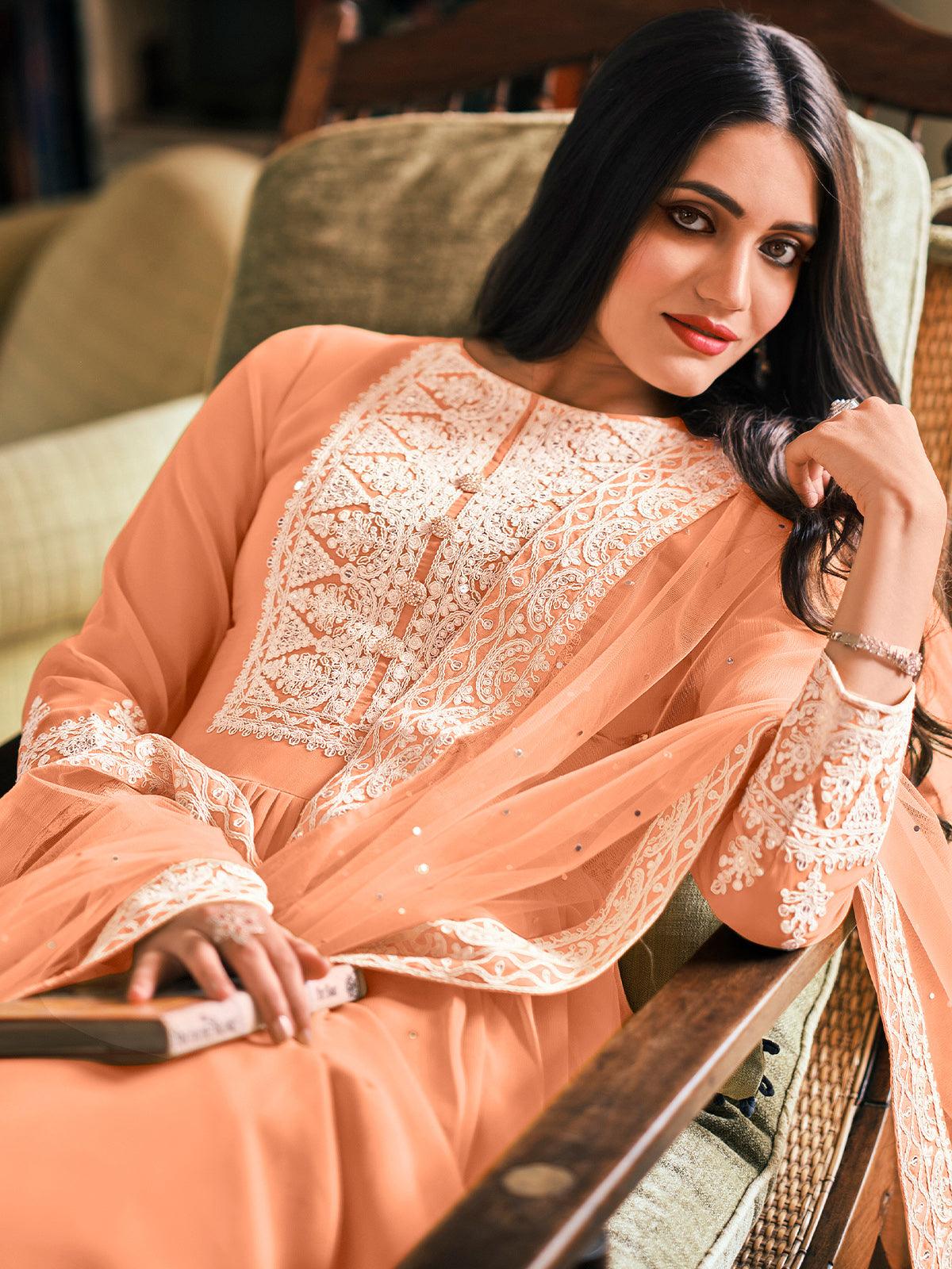 Odette Women Peach Color Georgette Plazzo Semi Stitched Suit - Image 2