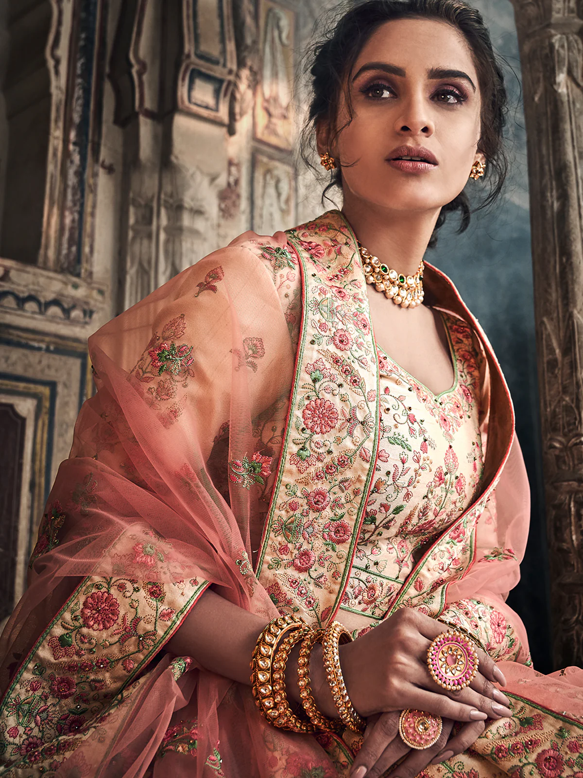 Odette Women Peach Art Silk Semi Stitched Lehenga With Unstitched Blouse - Image 5