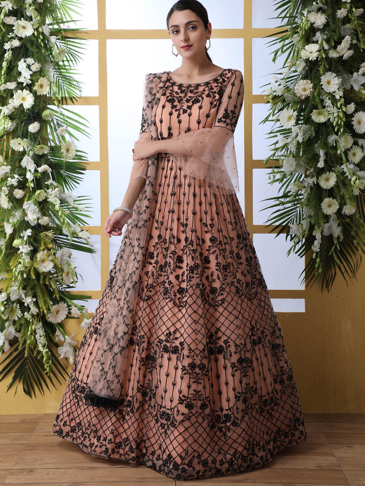 Odette Women Peach Net Embroided Semi Stitched Anarkali