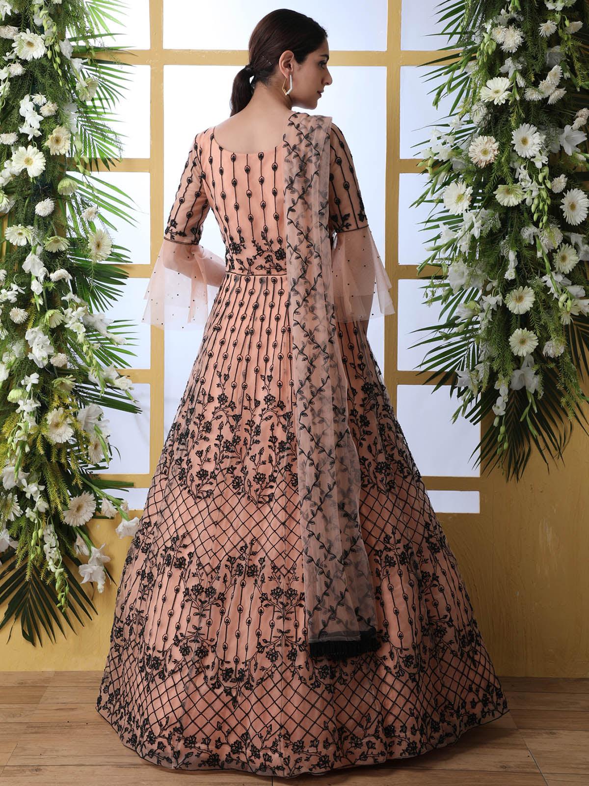 Odette Women Peach Net Embroided Semi Stitched Anarkali - Image 2
