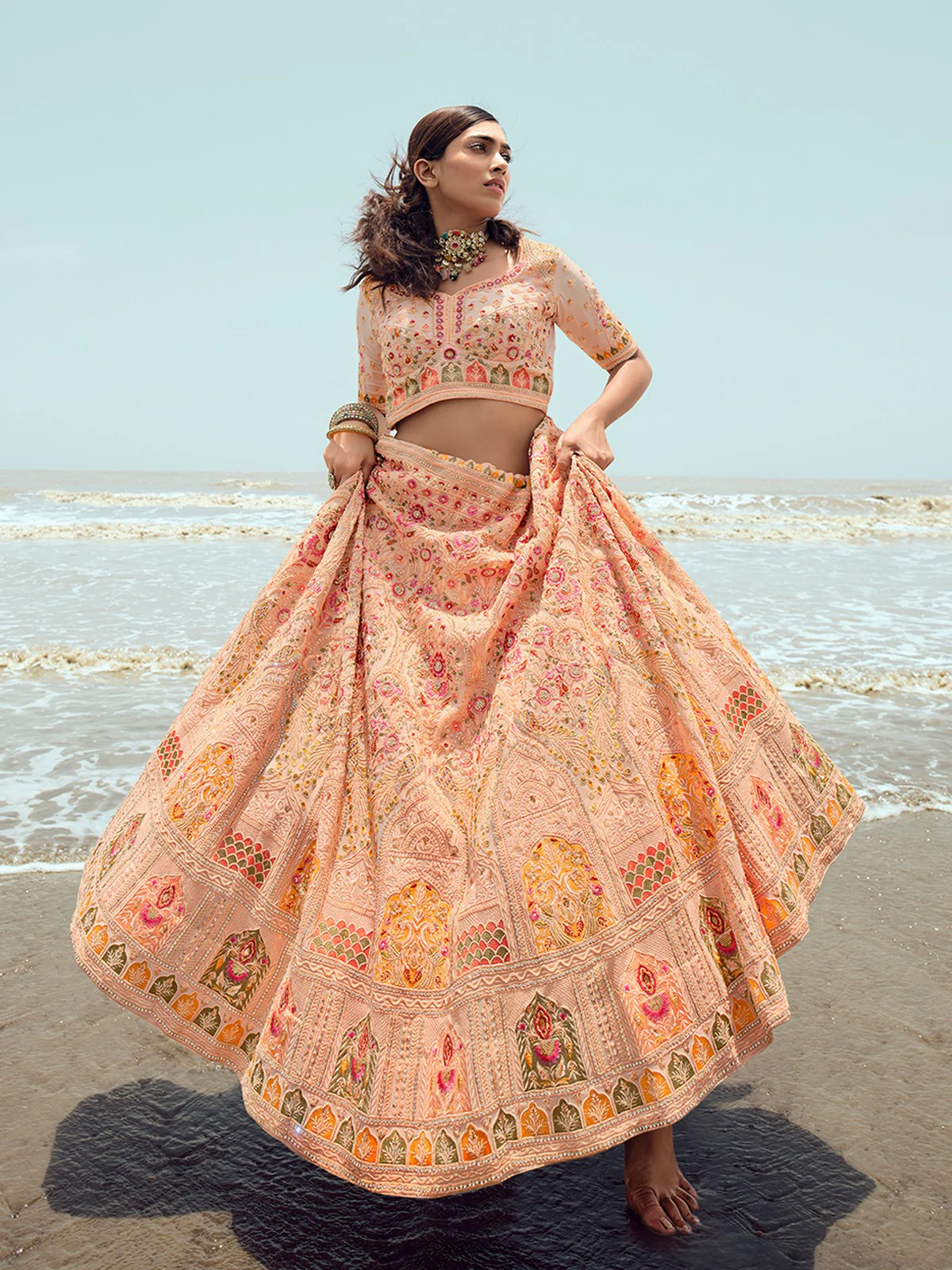 Odette Women Peach Embroidered Georgette Semi Stitched Lehenga With Unstitched Blouse - Image 2