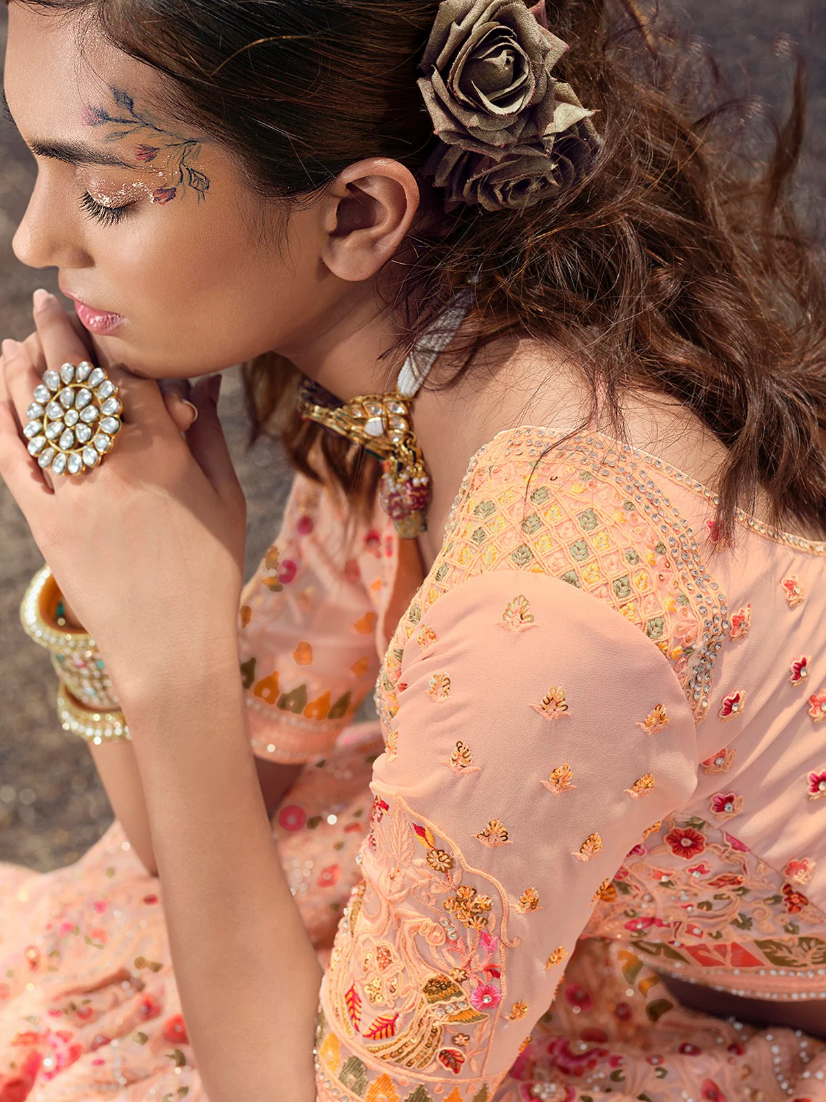 Odette Women Peach Embroidered Georgette Semi Stitched Lehenga With Unstitched Blouse - Image 4