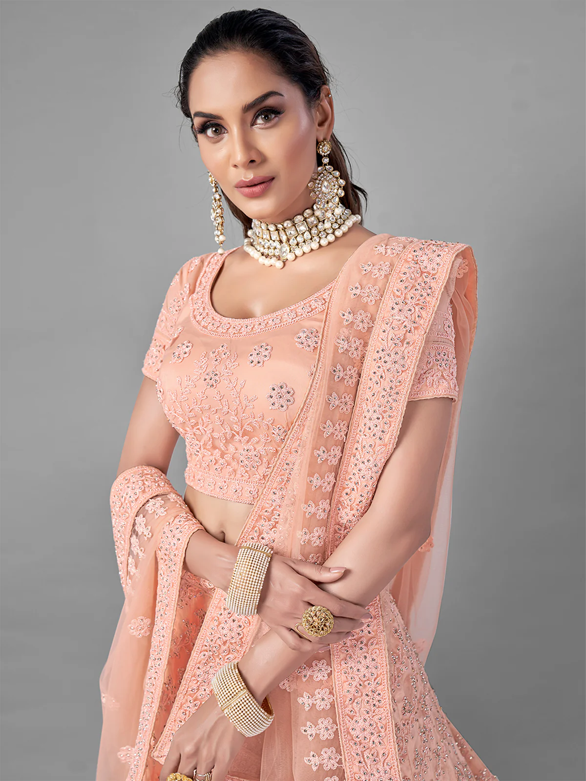 Odette Women Peach Soft Net Semi Stitched Lehenga With Unstitched Blouse - Image 3