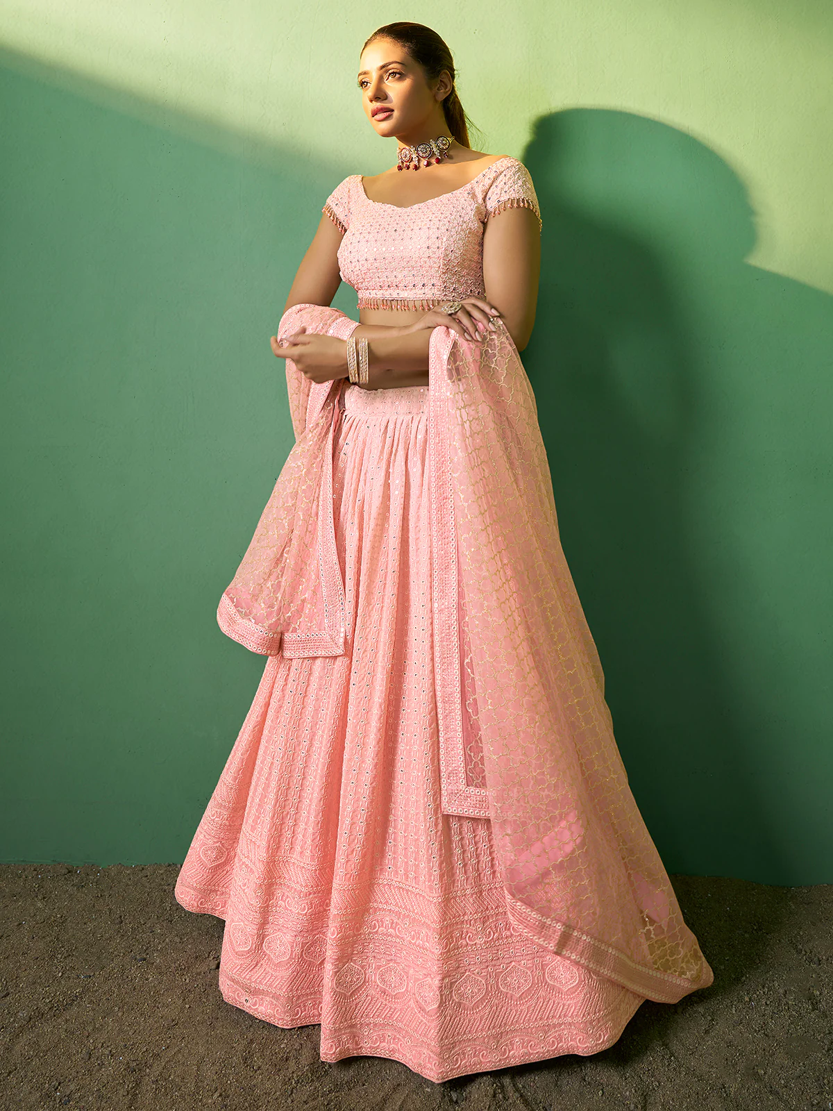 Odette Women Peach Embroidered Semi Stitched Lehenga With Unstitched Blouse - Image 2