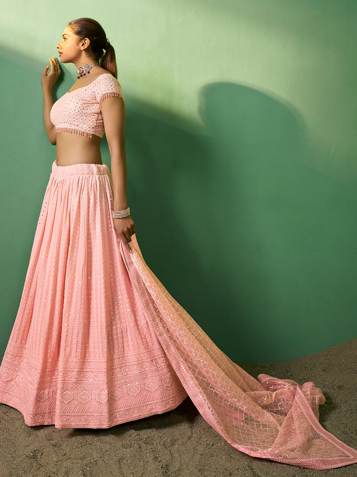Odette Women Peach Embroidered Semi Stitched Lehenga With Unstitched Blouse - Image 3