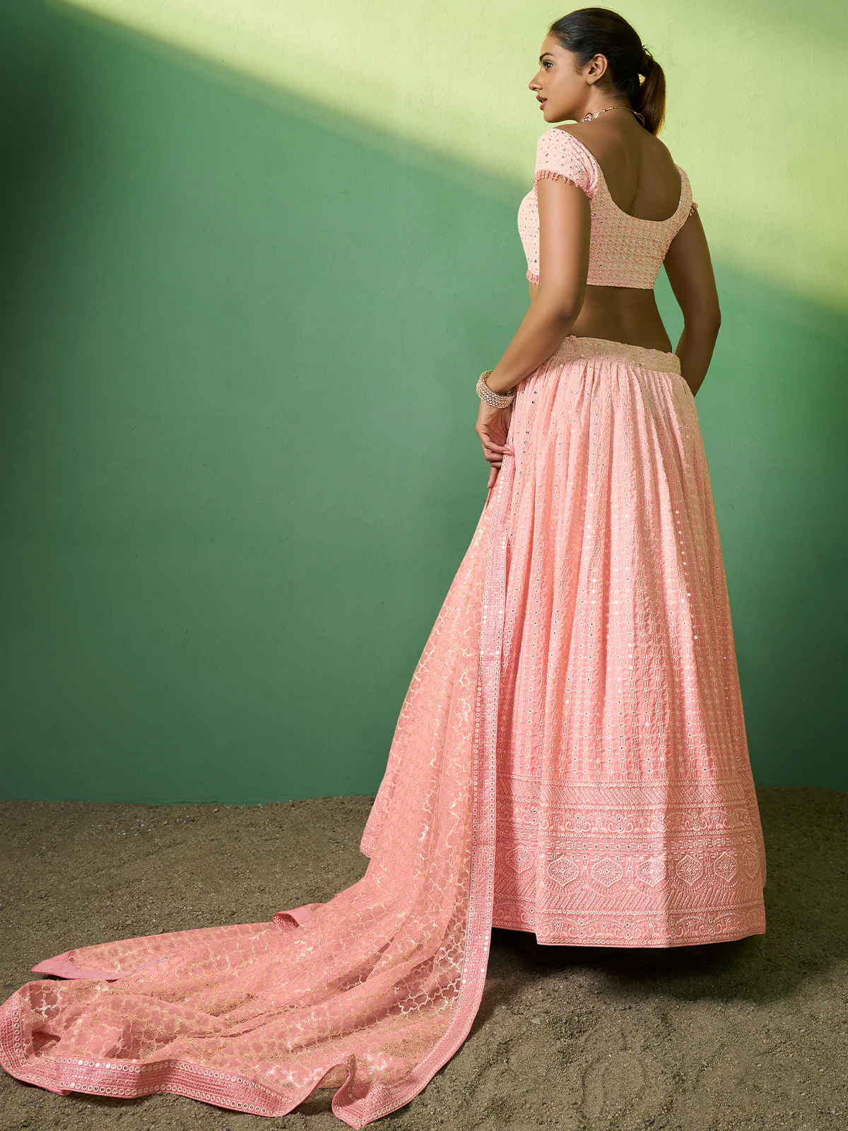 Odette Women Peach Embroidered Semi Stitched Lehenga With Unstitched Blouse - Image 4