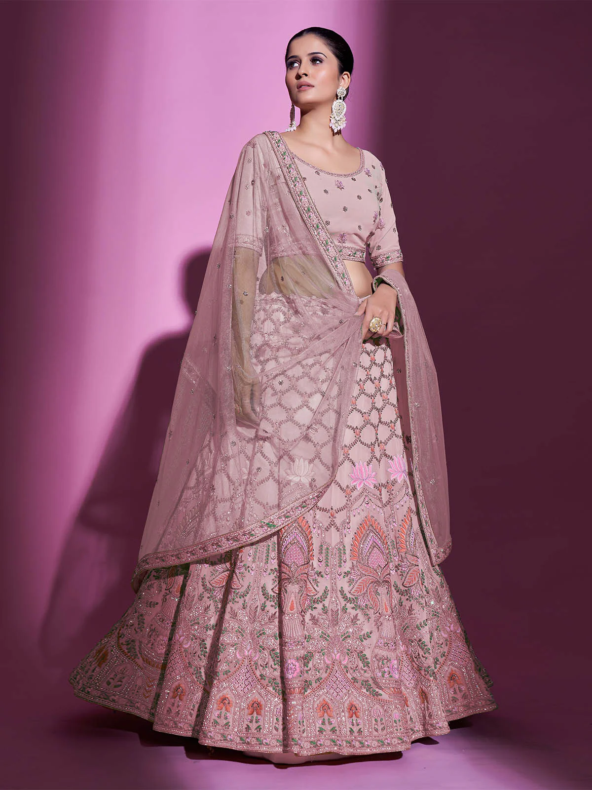 Odette Women Peach Georgette Embroidered Semi Stitched Lehenga With Unstitched Blouse - Image 2