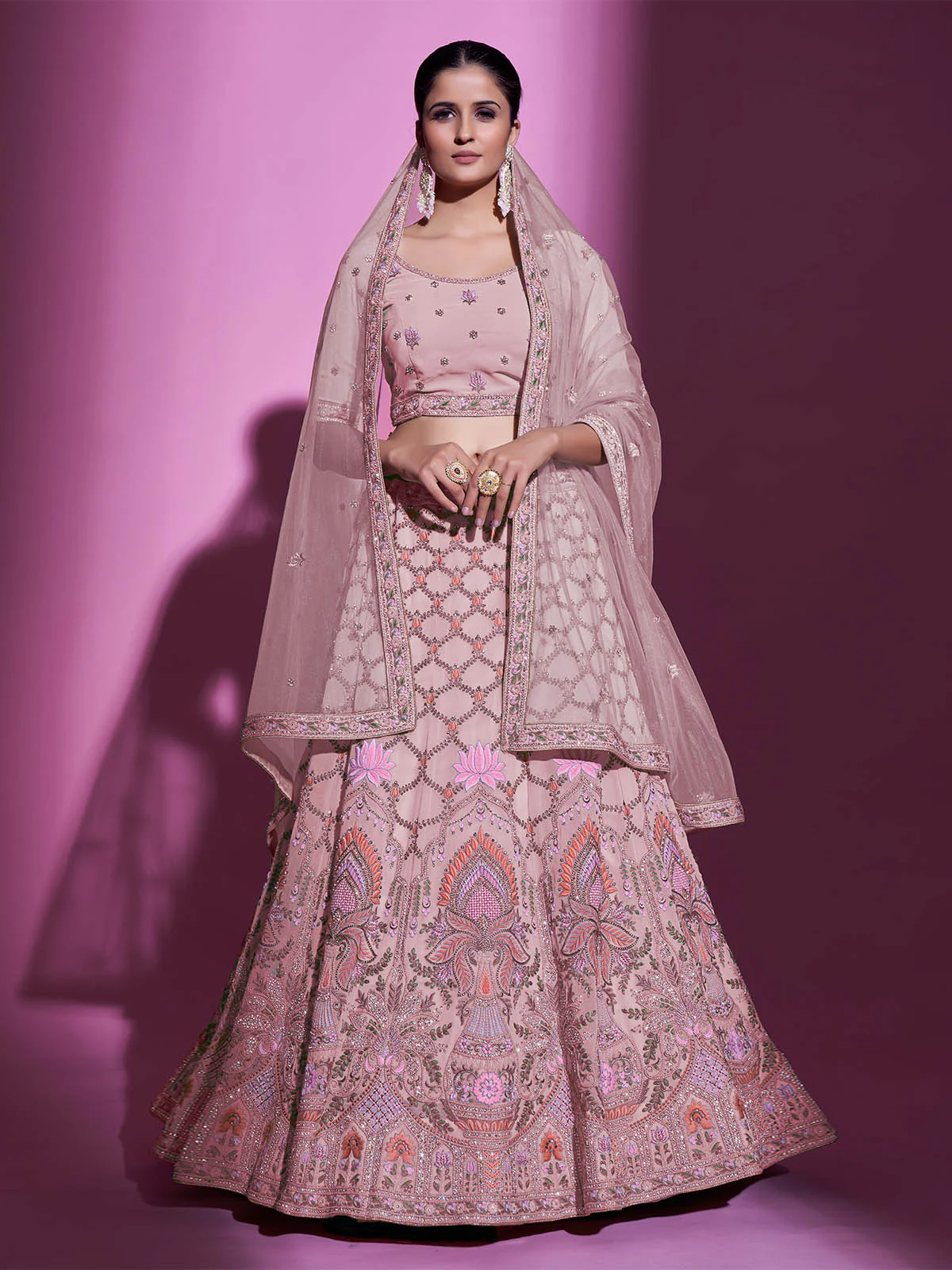 Odette Women Peach Georgette Embroidered Semi Stitched Lehenga With Unstitched Blouse - Image 3