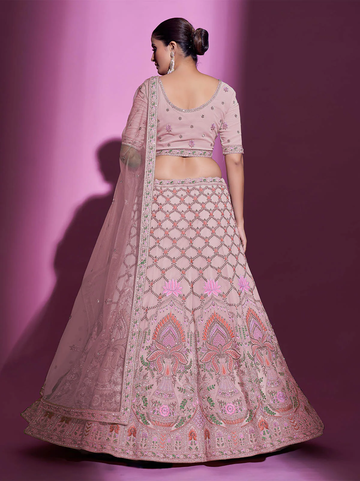 Odette Women Peach Georgette Embroidered Semi Stitched Lehenga With Unstitched Blouse - Image 5